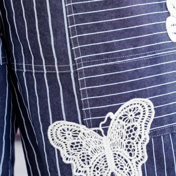 DAVI & DANI Navy Striped Wide Leg Pants with Cream Embroidery - Picture 3 of 3